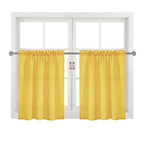 DWCN Yellow Sheer Curtains for Kitchen Windows - Rod Pocket Semi Transparent Voile Tier Curtains for Bedroom, Living Room, Farmhouse, 36 x 36 inches Long, Set of 2 Panels