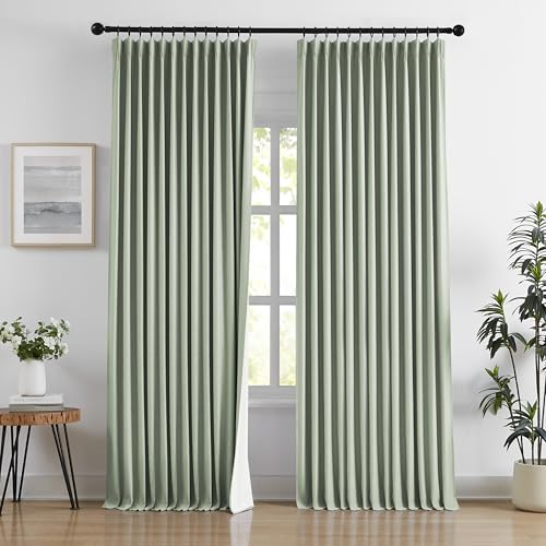 "Treatmentex Pinch Pleated Curtains for Living Room Flax Linen Blend Green Full Blackout with White Liner for Bedroom Window Thermal Insulated Pinch Pleat Drapes with Hooks 2 Panel 40"" Wx90 L, Sage"