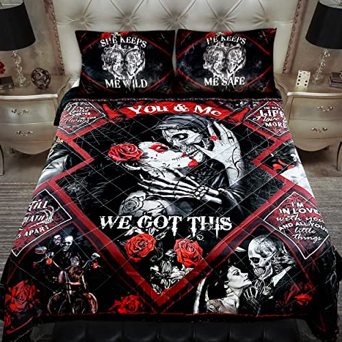 Gothic Skull Bedding Decorations - Wedding, Anniversary, Valentines, Christmas, Birthday Gifts for Couple, Him, Her, Wife, Husband, Boyfriend, Girlfriend - Queen Size Bedding Set