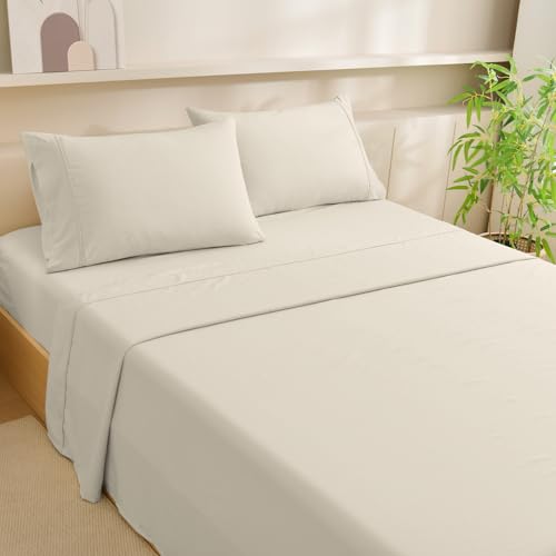 "MCO Cooling Full Sheet Set, Rayon Derived from Bamboo Sheets, Luxury & Silky Bedding Set with 16"" Deep Pocket (Full, Beige)"