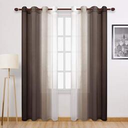 DWCN Brown Faux Linen Ombre Sheer Curtains - Gradient Semi Voile Curtains for Bedroom and Living Room, Set of 2 Grommet Top Window Curtain Panels, 52 x 90 Inches Long, Chocolate Brown