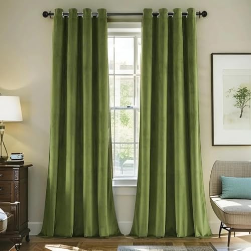 SMILETIME Green 63 in Long Velvet Curtains with Grommet, Super Soft Privacy Noise Reducing Light-Filtering Velvet Drapes for Living Room Bedroom, 2 Panels, 52 x 63 inches
