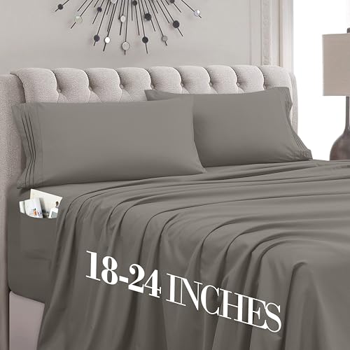 Mocassi King Size 4-Piece Bed Sheet Set - 1800 Premium Hotel Quality Microfiber 18-24 Inches Extra Deep Pocket Fitted Sheet- Luxury Soft, Breathable, Wrinkle, and Fade Resistant, Gray