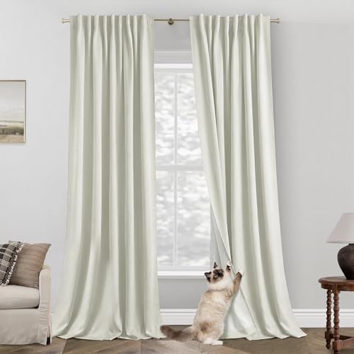 PANELSBURG 120 Inch Curtains 2 Panel Set,Blackout Pleated Hooks Faux Linen Black Out Extra Long Curtains for Living Room,52 Wide by 120 in Length,Off Pearl White