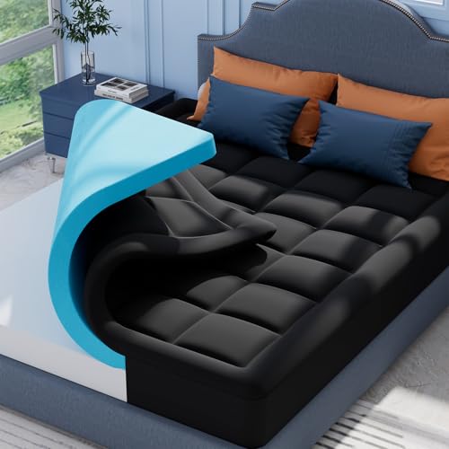ELEMUSE Black Memory Foam Mattress Topper with Fluffy Pillow Top Cover, Mattress Topper Double Bed for Back Pain Relief, with OEKO-TEX & CertiPUR-US (Double Size-135x190cm)