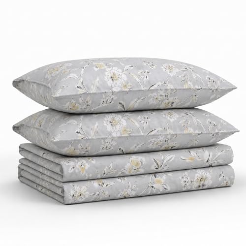 Tribeca Living Queen Bed Sheet Set, 300 Thread Count Soft Cotton Sateen, Floral Print with Extra Deep Pockets, 4-Piece Bedding Set, Colmar Silver Grey/Multicolor