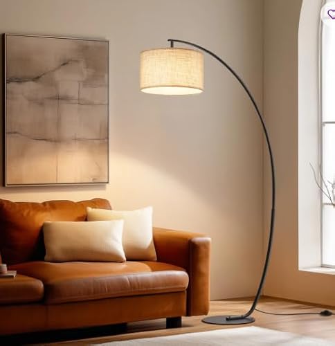 Boho Arc Floor Lamp for Living Room, 178cm Over Sofa Rattan Standing Lamp with Woven Shade, Flexible Adjustable Lamp Head, Stable 35cm Wide Base, Foot Switch and E27 9W 3-Colour Bulb Included