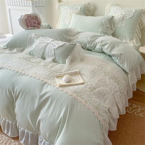 Duvet Cover Queen Size,Chic Lace 3 Pieces Comforter Cover with Bowknot Bow Tie (1 Duvet Cover 90x90 Inch, 2 Pillowcases) Soft Washed Microfiber Ruffled Bedding Set,Aesthetic Bedding -Green,Queen Size