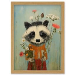 Artery8 Cute Racoon Picking Wildflowers for a Spring Bouquet Oil Painting Amber Orange Baby Blue Kids Bedroom Artwork Framed Wall Art Print A4