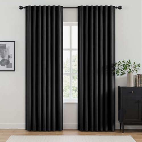 ANRODUO Rod Pocket and Back Tab Pleated Blackout Curtains Black Curtains 102 Inches Long 2 Panels, Thermal Insulated Room Darkening Living Room Bedroom Curtain, 52x102 Inches