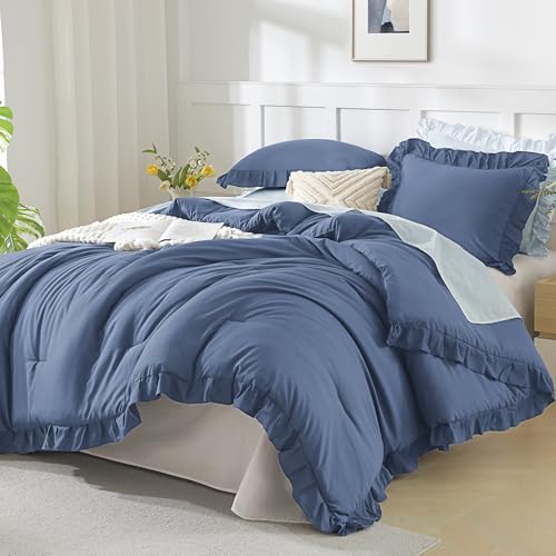 Andency Ocean Blue King Size Comforter Set, 3 Pcs Solid Farmhouse Bedding - Shabby Chic All-Season Western Rustic Soft Down Alternative Bed Set for Adults