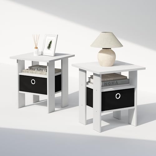 Furinno TIDUR Night Stand Set of 2, Open Shelf Design Nightstand with Storage Bin, Bedside Table, End Table, Side Table, for Bedroom, Living Room, White