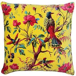 "Riva Paoletti Paradise Square Polyester Filled Cushion Colourful Bird Print-Faux Velvet Fabric-Machine Washable-100 Case (20"" x 20"" inches) -Designed in The UK, Cotton, Yellow, 50 x 50cm"