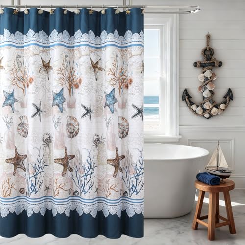 "DS BATH Nautical Coastal Fabric Shower Curtain Navy Blue, Beach Ocean Theme Seashell Starfish Shower Curtain, Waterproof Under The Sea Seahorse Decorative Bathroom Curtains, 72"" W x 78"" H"