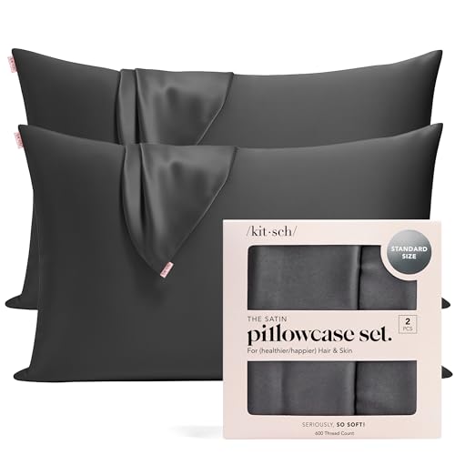 Kitsch 100% Satin Pillowcase with Zipper, Softer Than Silk Pillowcase for Hair & Skin, Cooling Pillow case, Satin Pillow Case Cover (Standard/Queen (2 Pack), Charcoal)