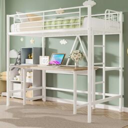 VECELO Metal Bunk Bed Single Size, High Sleeper Bed frame 90×190cm with Removable Ladder and Safety Guardrail, Space-Saving, Noise Free, No Box Spring Needed, White