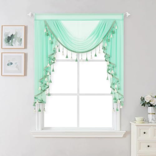 VOGOL Vintage Style Sheer Swag Valance, 39 x 43, 1 Panel, Green - Silky Voile Texture, Flowing Draping Style, Softens Sunlight, for Dining Room or Kitchen Windows