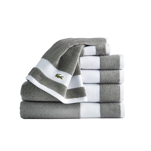 Lacoste Sport Stripe 6-Piece Luxury Cotton Towel Set – Made with 100% Soft Supima Cotton, Absorbent & Quick-Drying, Includes 2 Bath Towels, 2 Hand Towels, 2 Washcloths, Meteorite
