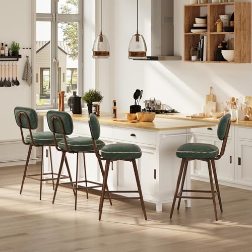 MALOL PU Leather Breakfast Bar Stools Set of 4, Swivel Kitchen Bar Chairs with Backrest and Metal Legs, Modern Barstools Counter with Anti-Slip Pads for Kitchen Island, Dining Room, Green