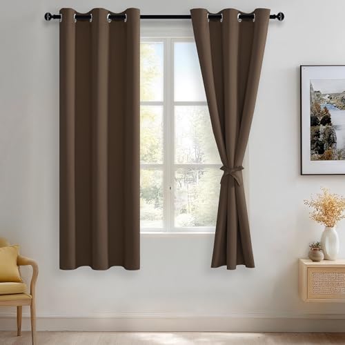 JIUZHEN Blackout Curtains with Tiebacks - Thermal Insulated, Light Blocking and Noise Reducing Grommet Curtain Drapes for Bedroom and Living Room, Set of 2 Panels, 42 x 63 Inch Length, Brown