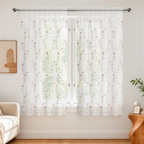 Taisier Home Floral White Sheer Curtains Flower Print Vine Embroidery Bedroom Curtain Rod Pocket Voile Curtains for Living Room, 52 x 63 inches Long, Set of 2 Panels,Red Buds with Coffee Branch
