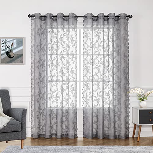Grey Lace Curtains for Kids Bedroom 55 x 54 Inch Farmhouse French Floral Embroidered Sheer Voile Curtains Durable Rose Lace Fabric Window Treatment Drapes for Living Room Christmas Holiday, 2pcs