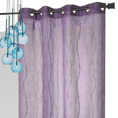 Homemaison - Embroidered Muslin Net Curtain with Vertical Waves - 100% Polyester - Transparent Shading - Metal Eyelets Ø 4 cm - Living Room Bedroom Kitchen Window - 140 x 240 cm - Lilac