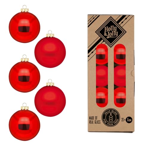 Holly & Jolly Merry Red Christmas Baubles, Pack of 20 - Glass Christmas tree baubles, approx. 6 cm, Christmas tree decoration in red, matt and shiny, Christmas decoration for indoor