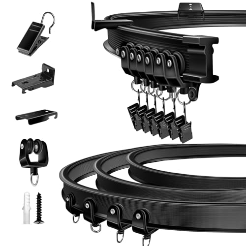 Ceiling Curtain Track, Flexible Bendable Curtain Track 10Ft Black Curved Curtain Rail Ceiling Wall Mount Curtain Sliding Track System Set for RV, Bay Window, Room Divider