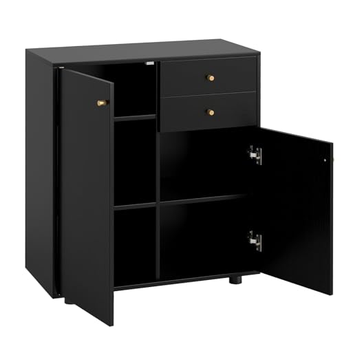 GiantexUK Sideboard Storage Cabinet, Freestanding Buffet Cabinet with 2 Doors, 2 Drawers, 3 Adjustable Shelves & Anti-tipping Device, Wooden Kitchen Cupboard for Dining Living Room (Black)