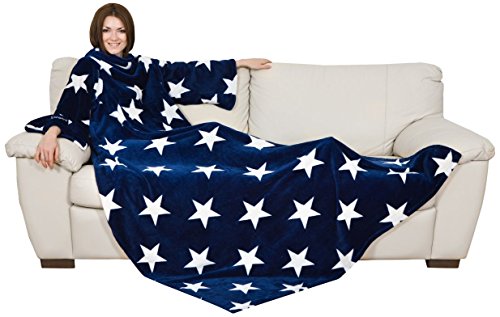 Kanguru Deluxe Stars, fluffy blanket, fleece blankets for adults, blanket with sleeves with Kangaroo pocket, gifts for women, snuggle blanket, blue, 140x210 cm