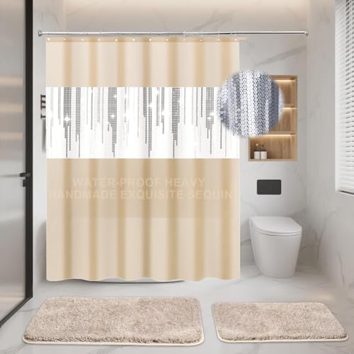 XLHOMO Shower Curtain Set Beige Bathroom Sets with Shower Curtain and Rugs Glitter Waterproof Shower Curtain with Non-Slip Bathroom Rugs for Hotel Shower Bathroom Decor