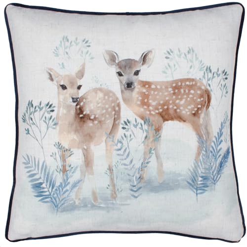 furn. Evans Lichfield Winter Fawn Cushion Cover – Watercolour Woodland Deer Piped Velvet Reverse Case (Multicolour – 43x43cm)