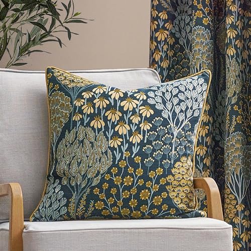 furn. Wylder Nature Ophelia Floral Jacquard Polyester Filled Cushion, 50 x 50cm, Blue/Saffron