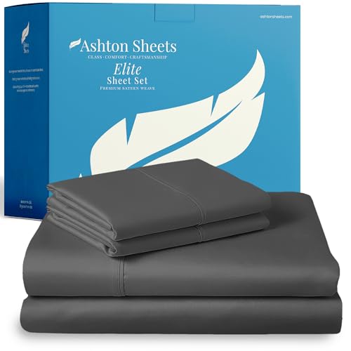 "Ashton Sheets 100% Egyptian Cotton Sheets Queen Size - 800 Thread Count 4 PC Queen Sheet Set Egyptian Cotton, Sateen Luxury Sheets Queen Size, High Thread Count Sheets, 16"" Deep Pocket - Dark Grey"