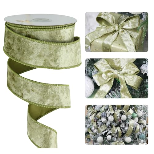 "HUIHUANG Sage Green Velvet Wired Ribbon 1-1/2"", ""Continuous 10 Yards/Roll - Perfect for Bows, Christmas Tree, Wreaths, Garland, Wedding & Home Decor, Crafts, Gift Wrapping"