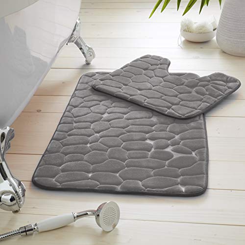 GC GAVENO CAVAILIA 2 Piece Pebble Bath Set, 100% Memory Foam Bathroom Toilet Rug, Super Soft Anti Slip Pedestal Mat, Charcoal