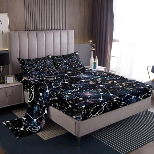 Galaxy Bed Sheets Set Queen Constellation Sheet Set 4 Pcs Purple Universe Print Top Sheets For Kid Men Women + Deep Pocket Fitted Sheets + Starry Sky Flat Sheet + Decor 2 Pillow Cases Boys Girls