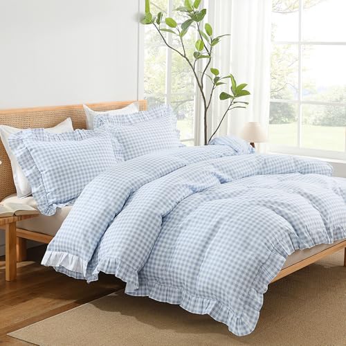 Andency Blue Gingham Duvet Cover King, Ruffle Shabby Chic Bedding Set 3 Pcs - Farmhouse Soft Pre-Washed Polyester Comforter Cover with Zipper Closure & Corner Ties, 104x90Inch