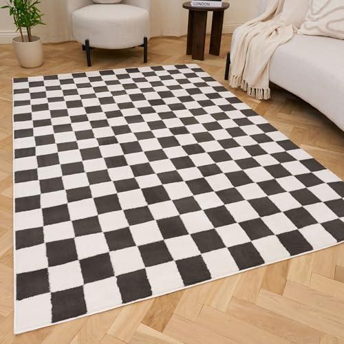 THE RUGS Living Room Rug, Loft Collection – Modern Textured 14mm Soft Pile Area Carpet, Non-Shedding & Easy Care [ Checkerboard Dark Grey, 160x230 cm]