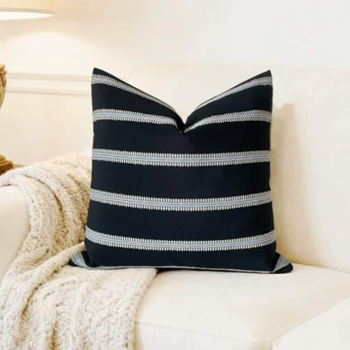 Slow Cow Decorative Textured Woven Stripe Throw Pillow Cover Modern Country Design Cushion Cover Pillow Cover 18 x18 Inches Black Mixed Off White