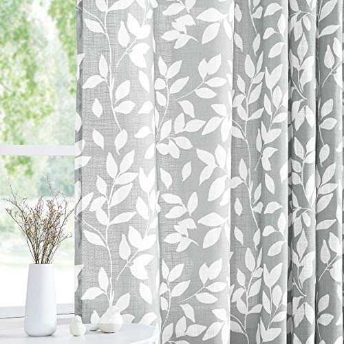 "Treatmentex Grey Semi-Sheer Curtains for Bedroom 95"" Long White Leaf Print Curtains for Living Room Grommet Top Window Panels, 1 Pair"