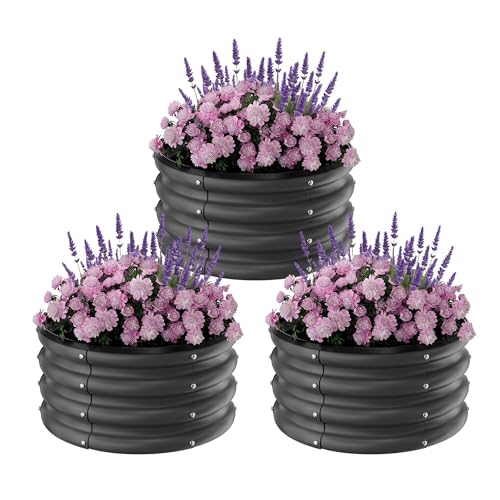 GarveeLife Metal Raised Bed 60 x 28 cm, Pack of 3, Round Raised Bed for Outdoor Use, Metal Garden Bed for Vegetables, Galvanised Steel Raised Beds for Gardening, Above Ground Garden Box for Flowers