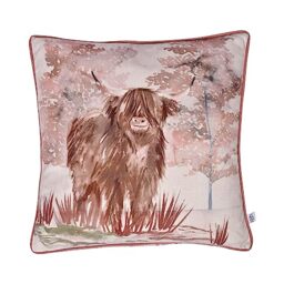 Dreams & Drapes - Highland Cow Cushion (43 x 43cm) - Farmhouse Cows Cushion - Red Checkered/Flannelette Cushion - Wildlife/Woodland Cushion -