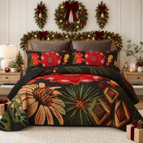 Tyrot 3 Piece Black Red Boho Floral Quilt Sets Full/Queen Farmhouse Reversible Lightweight Bedspread Coverlet with 2 Shams Vintage Mid Century Microfiber Bedding Quilts Set for All Season, 90''x96''