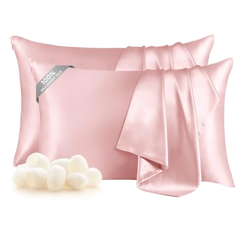 "THXSILK Set of 2 Mulberry Silk Zipper Pillow Cases - Highest Grade 6A+ Pure Mulberry Real Silk Pillowcase, 19 Momme Both Sides for Hair and Skin (Light Pink, Queen Size 20""x30"")"