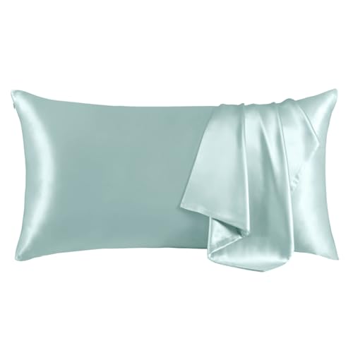 "THXSILK 100% Mulberry Silk Pillowcase for Hair and Skin, Grade 6A+ Mulberry Silk Pillow Case, Natural Silk Pillow Case Cover with Zipper, 1pc(California King Size 20""x40"", Light Blue)"