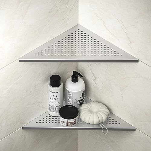 "Bernkot Corner Shower Shelves, 12"" Brushed 304 Stainless Steel Recessed Corner Shelf Bathroom Shower Shelf for Tiled Wall, No Drilling, 2 Pack, Large Size"