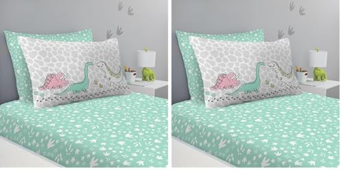 Kids Single Fitted Sheet Set - Dinosaur Bedding For Childrens & Toodlers - Soft & Comfortable Scale Bed Sheets For Kids Room - Easy Care Sheet Set ( 1 Fitted Sheet + 1 Pillowcase ) - Multi (Pack of 2)