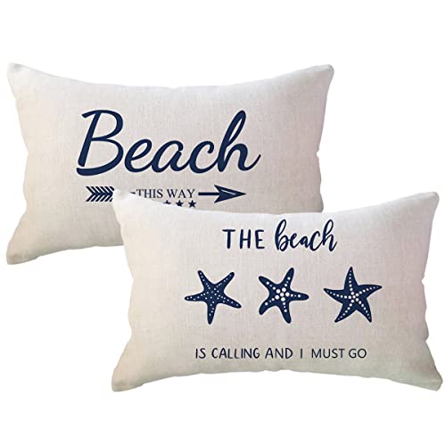 ULOVE LOVE YOURSELF Blue Beach Decor Lumbar Throw Pillow Cover with Beach Quote/Starfish Cushion Covers Summer Holiday Beach House Decorative Rectangular/Waist Pillowcases 12x20 inch,Set of 2